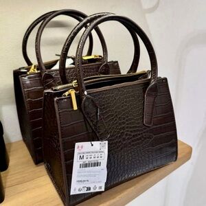 Zara NWT brown snake croc print top handle faux leather handbag purse